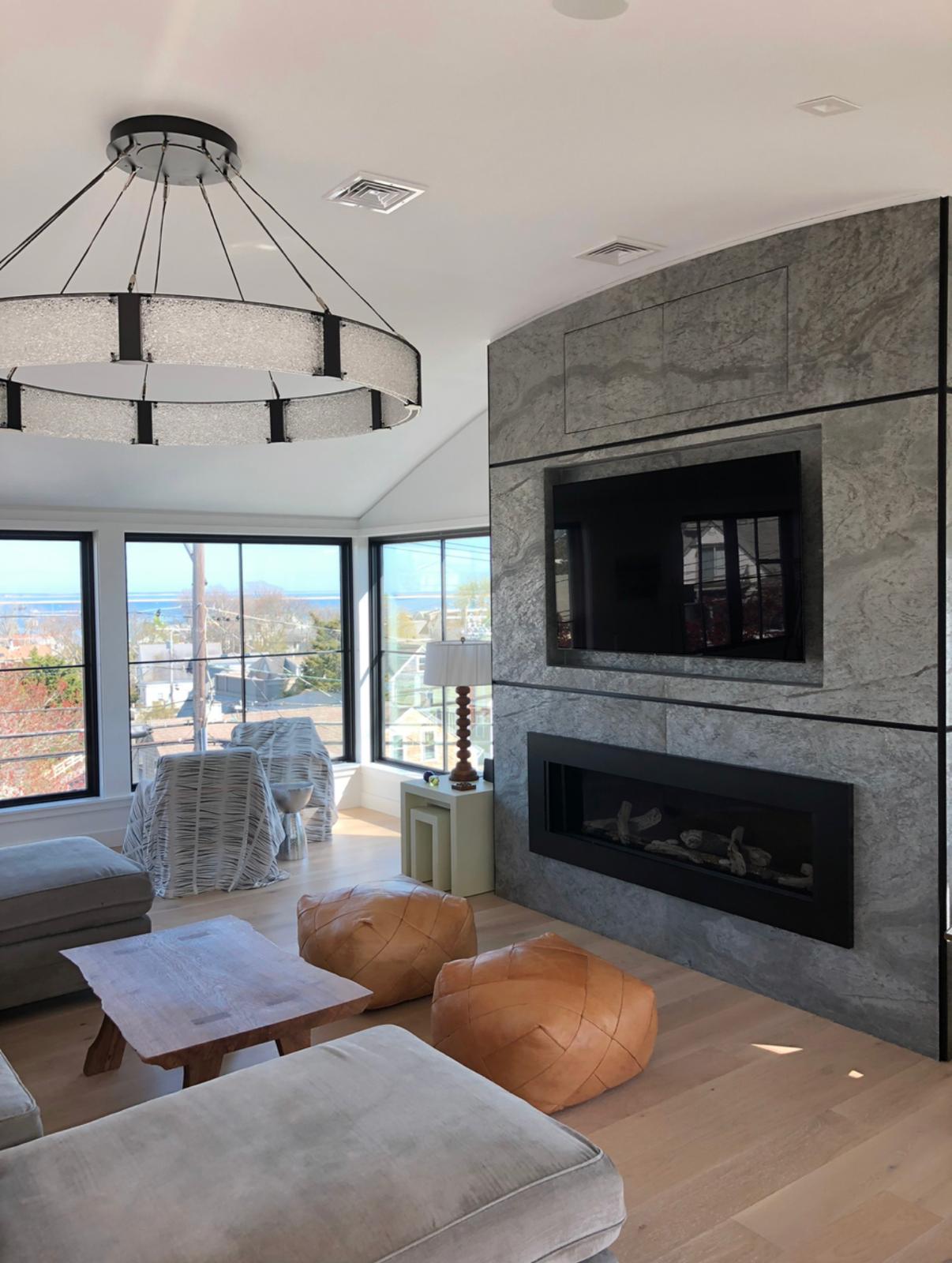 Living room with painted built-ins and modern fireplace